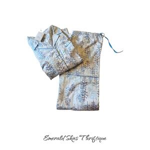 Victoria's Secret Pajama Set Blue Tree Print Button up top xl Cozy free ship